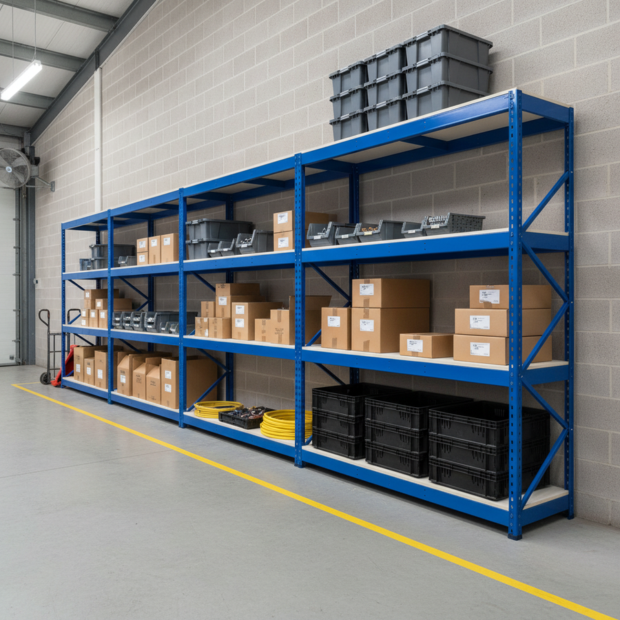 3x Heavy Duty Industrial Shelving - 1980mm High - 400kg Load Capacity - Melamine - Blue - Front view