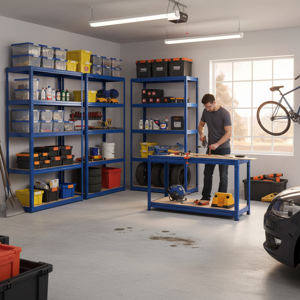 4x Premium Shelving Units - 1800mm High & 1x Professional Workbench - 1600mm Wide - Blue - Side view