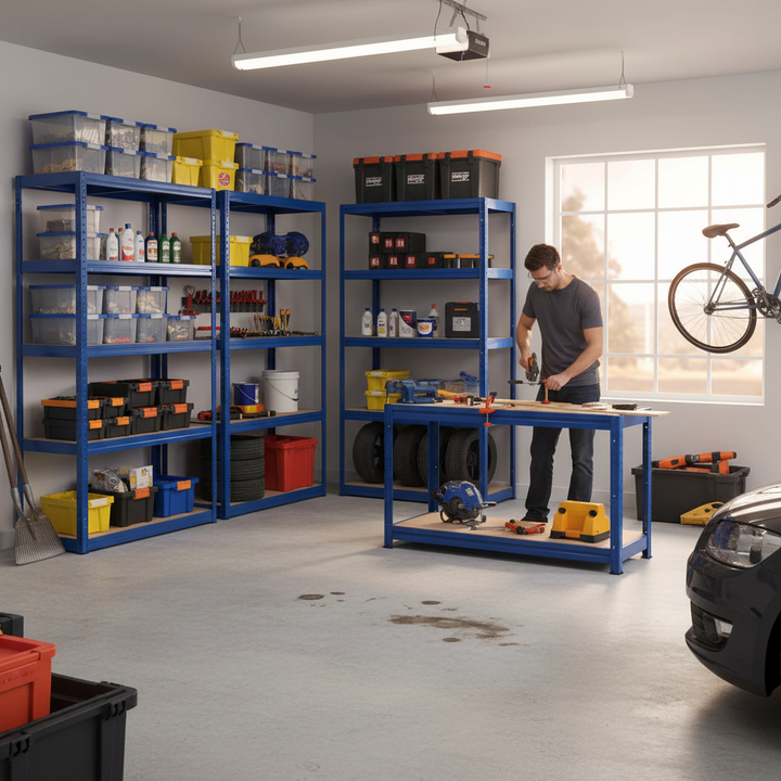 4x Premium Shelving Units - 1800mm High & 1x Professional Workbench - 1600mm Wide - Blue - Side view