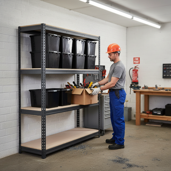 Heavy Duty Shelving Unit with 8x 37L Plastic Storage Boxes - 1800mm High - Grey