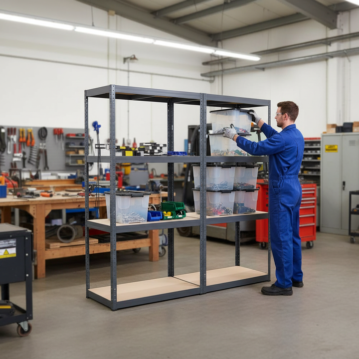 3x Heavy Duty Shelving Units - 1600mm High - Grey with 8x 24L Plastic Storage Boxes - Front view