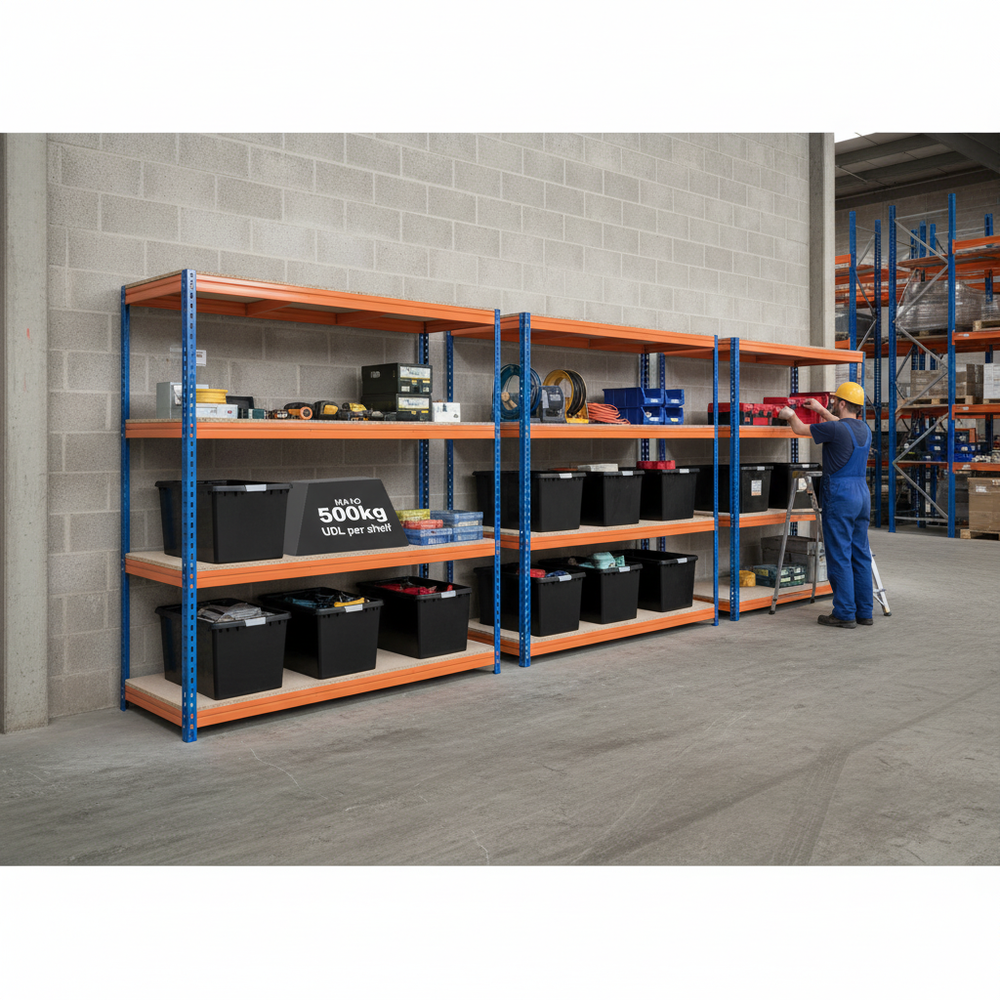 4x Heavy Duty Shelving - 2200mm High - Blue & Orange with 8x 62L Storage Boxes - Side view