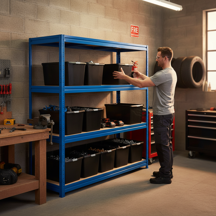 Heavy Duty Shelving Unit - 1770mm High with 8x 62L Plastic Storage Boxes - Front view
