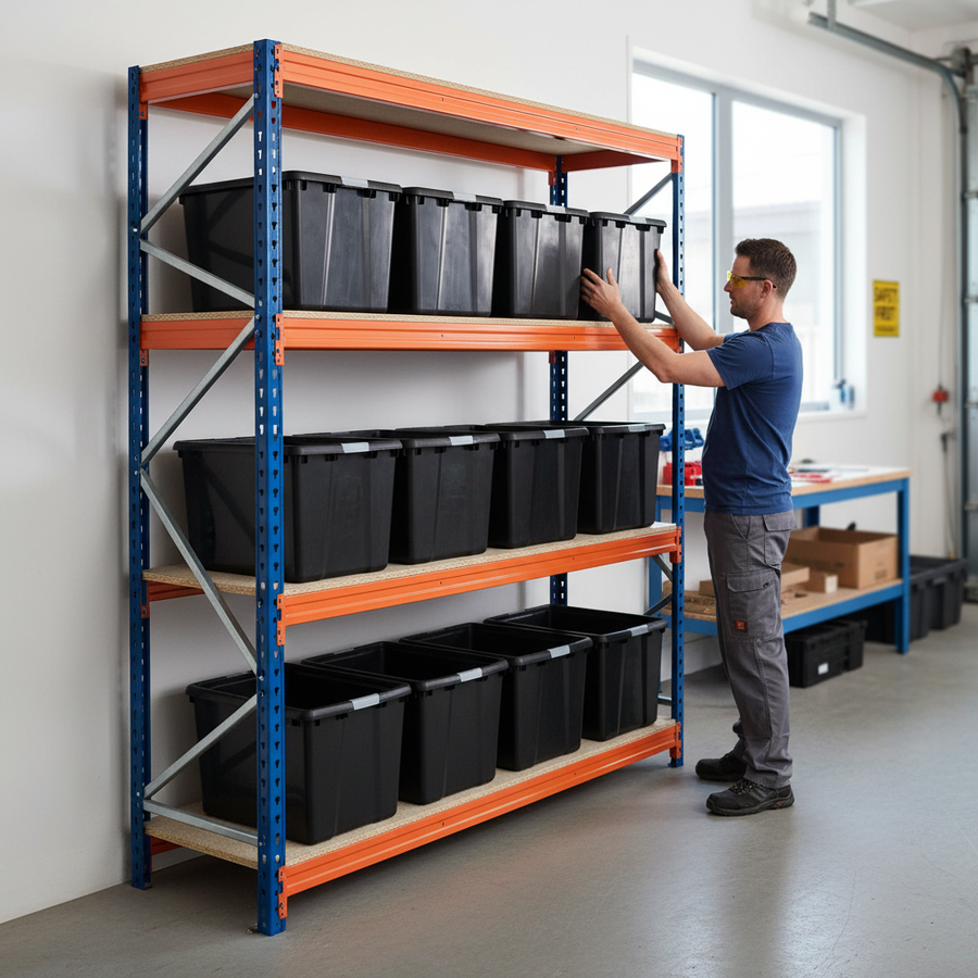2x Heavy Duty Shelving - 2000mm High - Blue & Orange with 8x 62L Storage Boxes - Front view