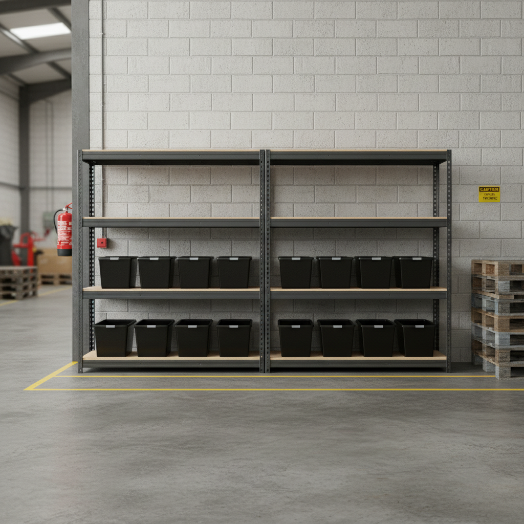 2x Heavy Duty Shelving Units - 2000mm High - Grey with 12x 37L Storage Boxes - Front view
