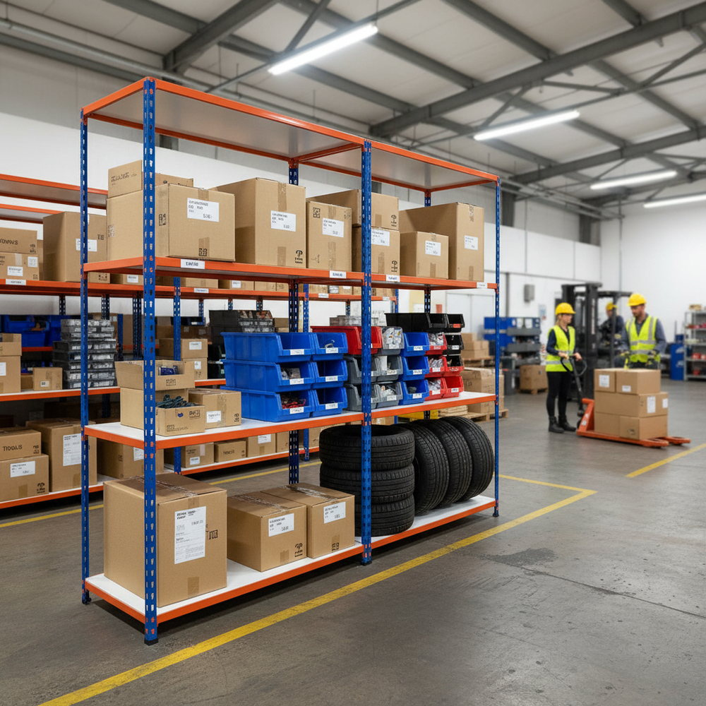 Heavy Duty Industrial Shelving - 2440mm High - 340kg Load Capacity - Melamine - Blue & Orange - Side view