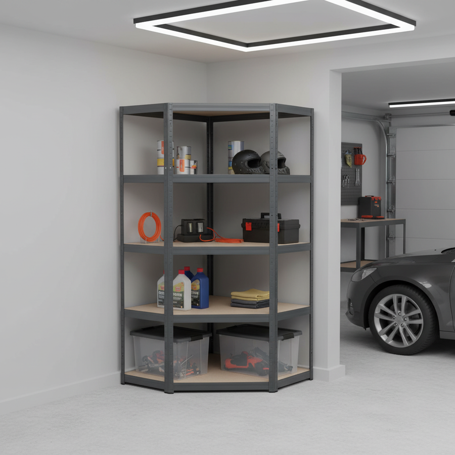 Premium Garage Corner Shelving Unit - 1800mm High - 250kg Capacity - Grey - Front view