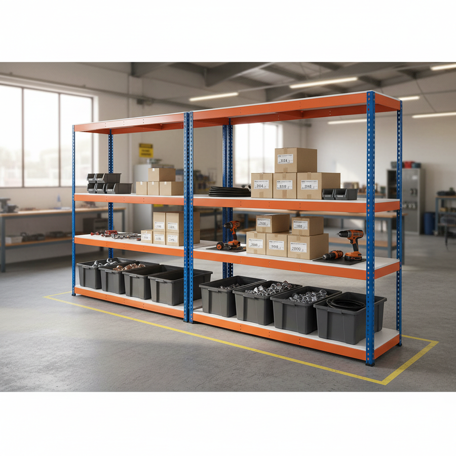 Heavy Duty Industrial Shelving - 2440mm High - 400kg Capacity - Melamine - Blue & Orange - Front view
