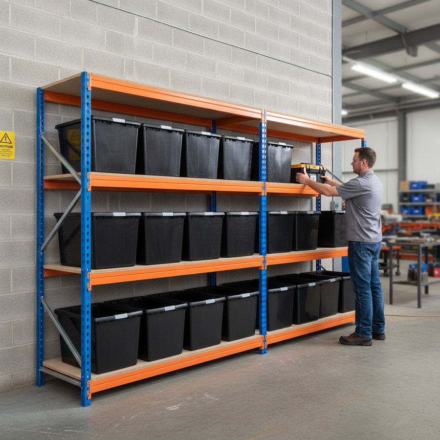 4x Heavy Duty Shelving - 1600mm High - Blue & Orange with 12x 37L Plastic Storage Boxes - Front view