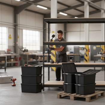 4x Premium Heavy Duty Shelving - 2200mm High - Grey with 12x 37L Plastic Storage Boxes