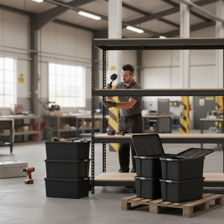 4x Premium Heavy Duty Shelving - 2200mm High - Grey with 12x 37L Plastic Storage Boxes - Front view