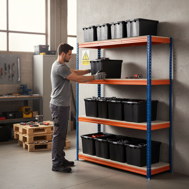 Heavy Duty Shelving Unit - 2000mm High with 8x 37L Plastic Storage Boxes - Front view
