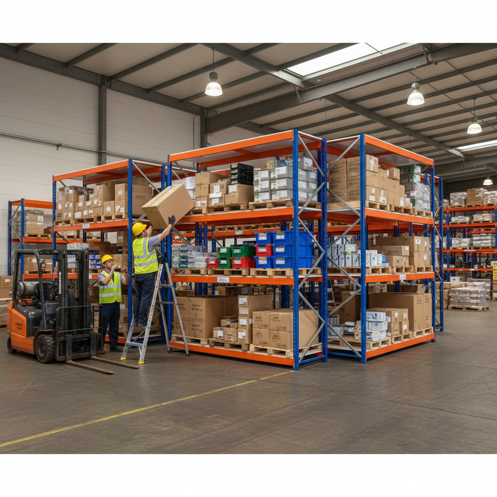 Heavy Duty Industrial Shelving - 2440mm High - 800kg Capacity - Melamine - Blue & Orange - Side view