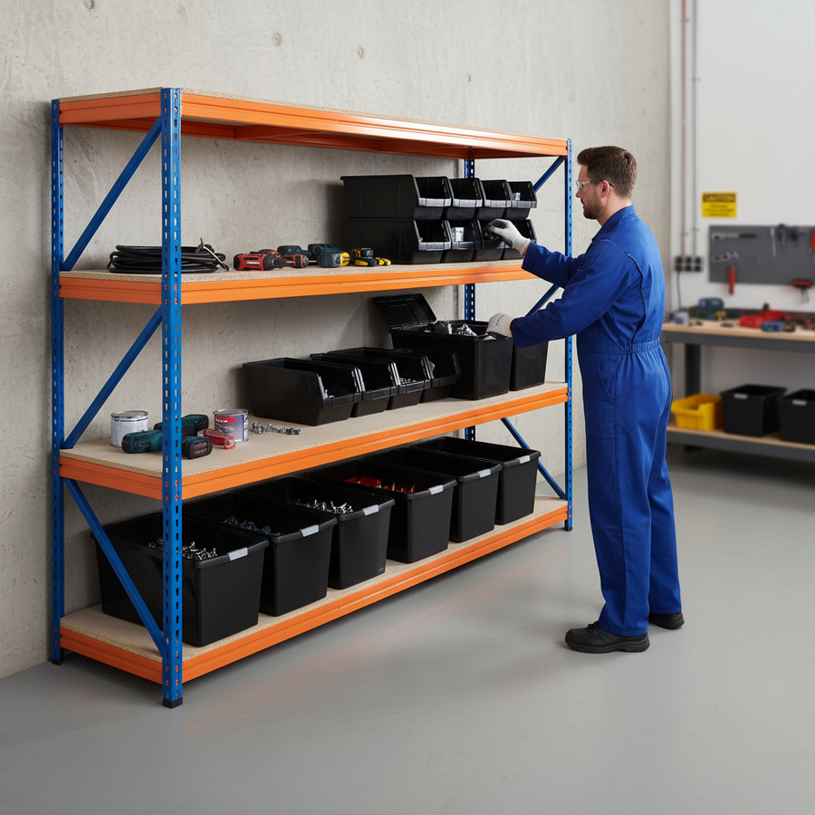 3x Premium Heavy Duty Shelving - 2000mm High - Blue & Orange with 8x 62L Plastic Storage Boxes - Front view
