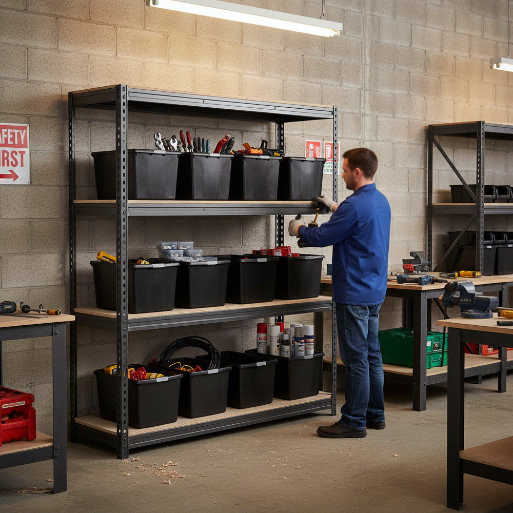 Premium Heavy Duty Shelving - 2000mm High - Grey with 8x 62L Plastic Storage Boxes - Side view