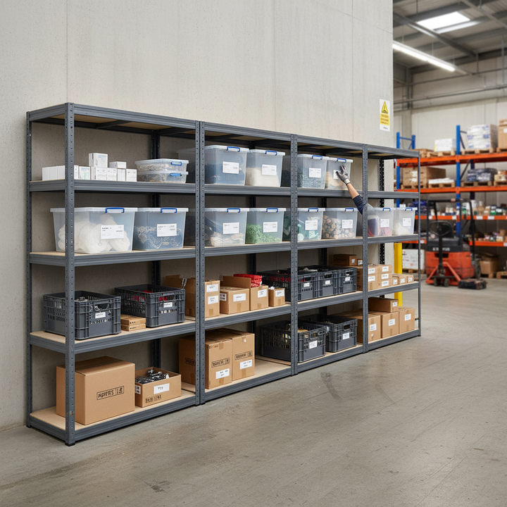 Premium 4x Shelving Units - 2130mm High - Grey with 8x 33.5L Storage Boxes - Side view