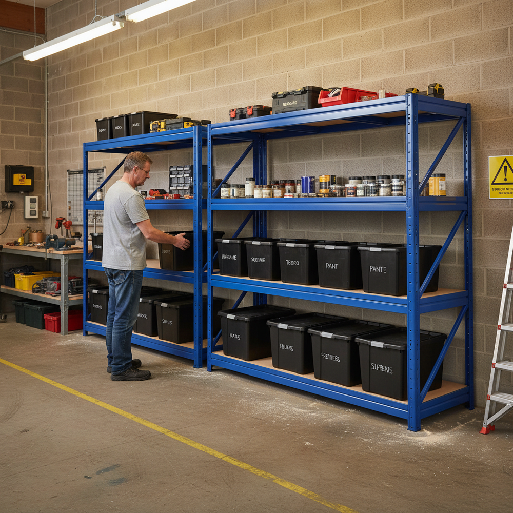 3x Heavy Duty Shelving - 1770mm High - Blue with 12x 37L Plastic Storage Boxes - Side view