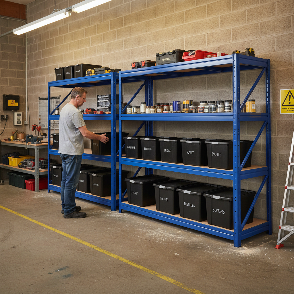 3x Heavy Duty Shelving - 1770mm High - Blue with 12x 37L Plastic Storage Boxes - Side view