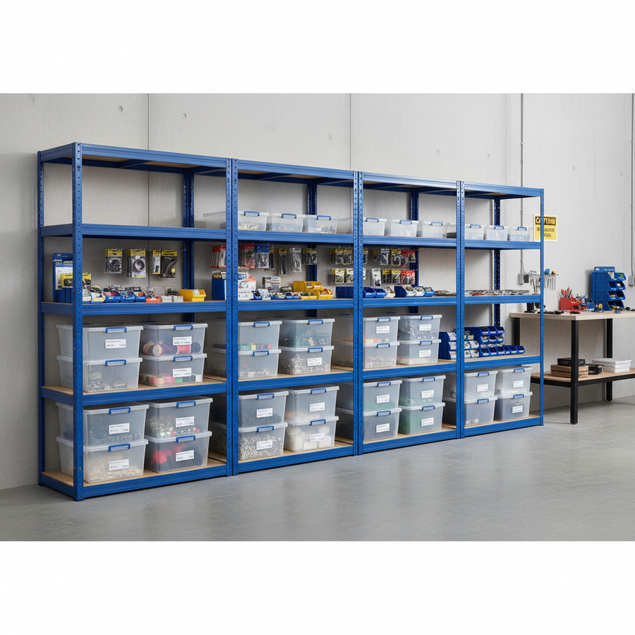 Premium 4x Shelving Units - 1800mm High - Blue with 12x 33.5L Storage Boxes - Front view
