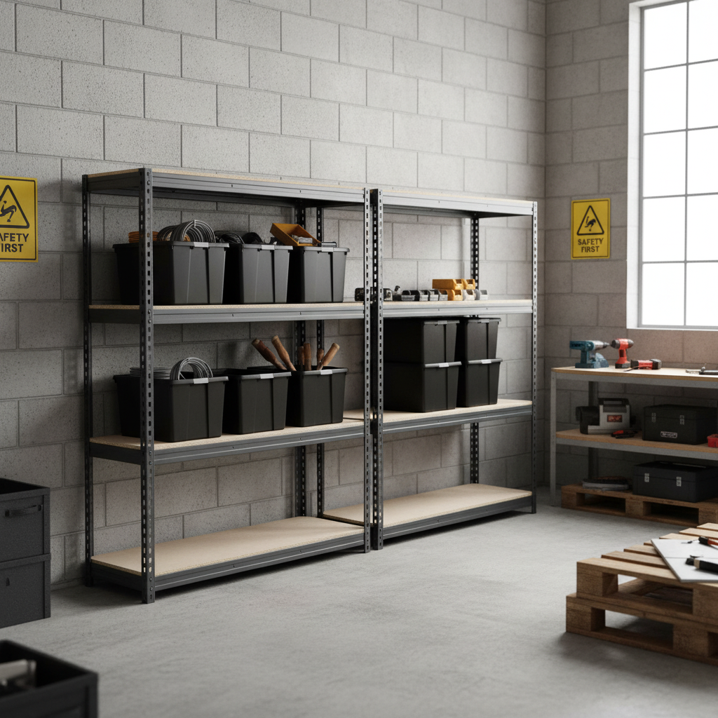2x Premium Heavy Duty Shelving - 1600mm High - Grey with 8x 62L Plastic Storage Boxes - Front view