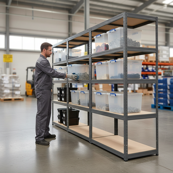 4x Premium Shelving Units - 1800mm High - Grey with 12x 33.5L Storage Boxes