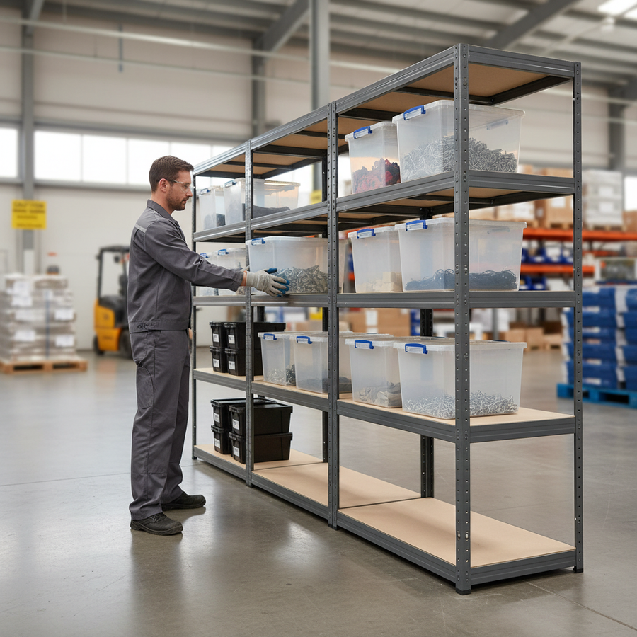 4x Premium Shelving Units - 1800mm High - Grey with 12x 33.5L Storage Boxes - Front view
