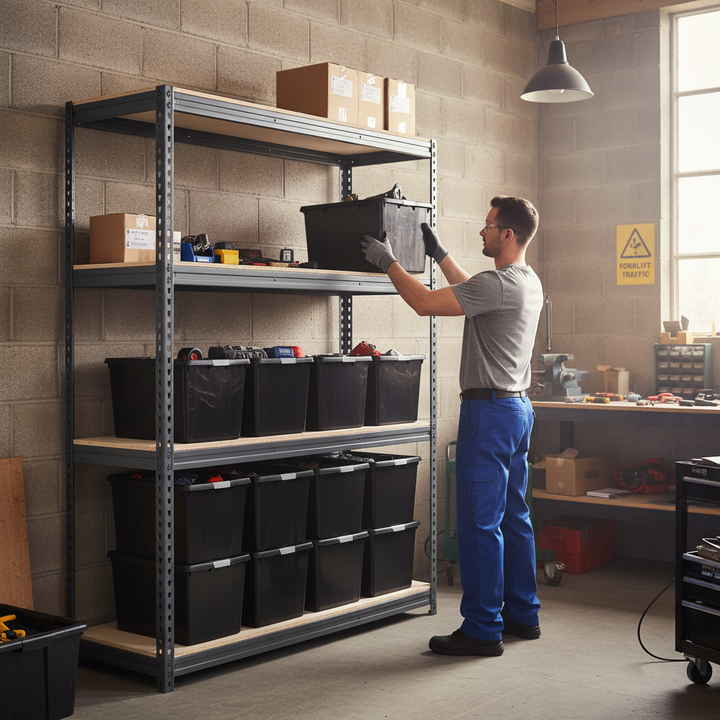 2x Heavy Duty Shelving Units - 1600mm High - Grey with 12x 37L Plastic Storage Boxes - Front view