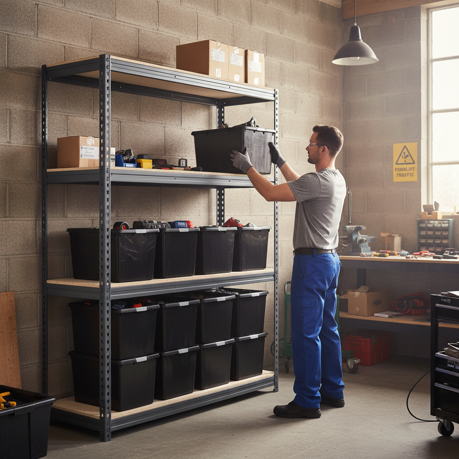 2x Heavy Duty Shelving Units - 1600mm High - Grey with 12x 37L Plastic Storage Boxes - Front view