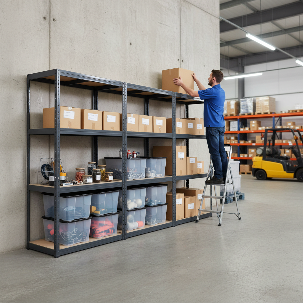 3x Heavy Duty Shelving Units - 1600mm High - Grey with 8x 24L Plastic Storage Boxes - Side view