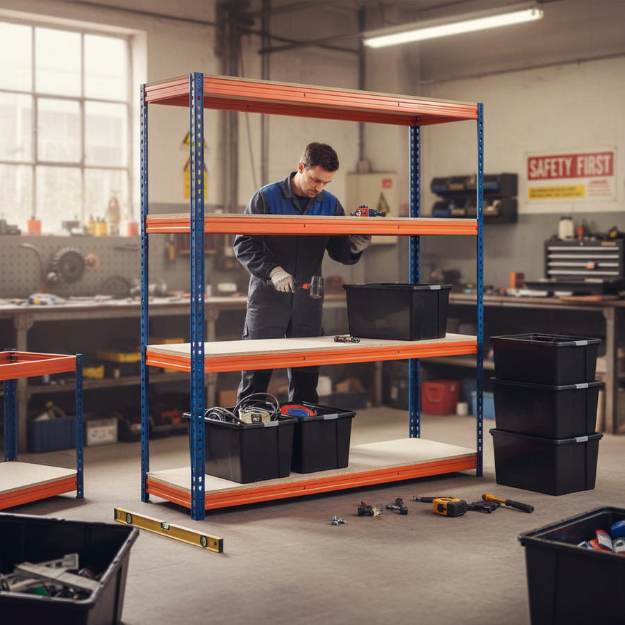 Heavy Duty Shelving Unit - 1600mm High with 8x 37L Plastic Storage Boxes - Front view