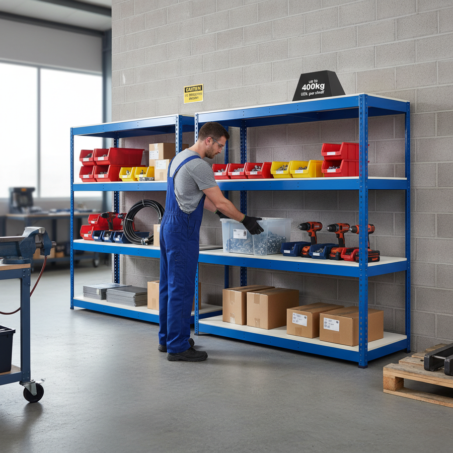 Heavy Duty Industrial Shelving - 1980mm High - 400kg Capacity - Melamine - Blue - Front view