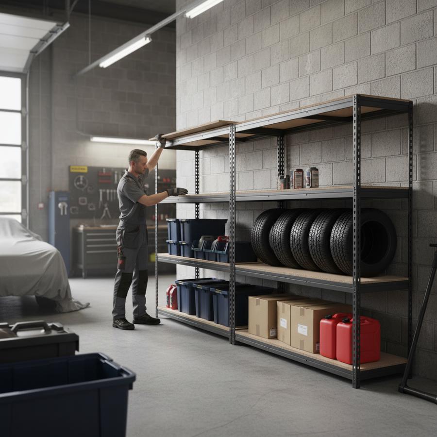 3x Premium Heavy Duty Garage Shelving - 2000mm High - 500kg Capacity - Grey - Front view