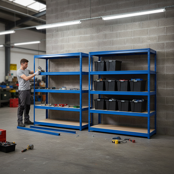 4x Premium Heavy Duty Shelving - 1770mm High - Blue with 8x 37L Plastic Storage Boxes