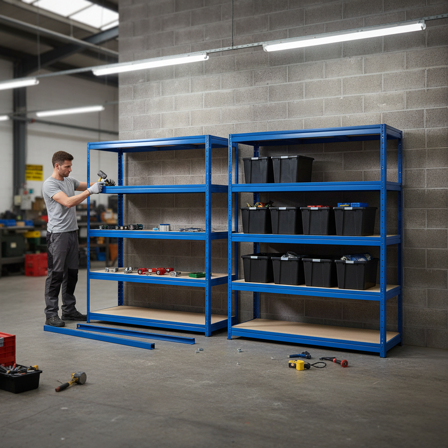 4x Premium Heavy Duty Shelving - 1770mm High - Blue with 8x 37L Plastic Storage Boxes - Front view