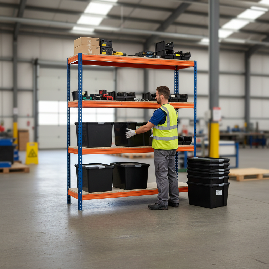 2x Premium Heavy Duty Shelving - 1600mm High - Blue & Orange with 8x 37L Plastic Storage Boxes - Front view