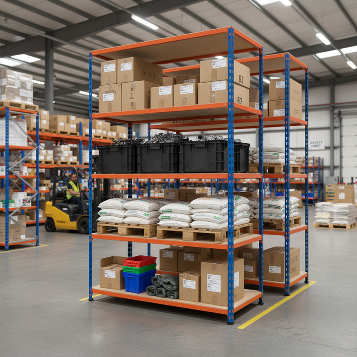 High-Performance Industrial Shelving - 3050mm High - 340kg Capacity - Chipboard - Blue & Orange - Side view