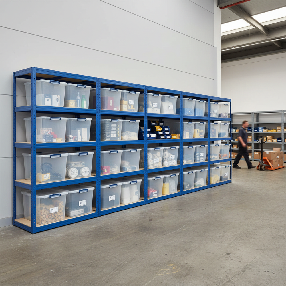 Premium 4x Shelving Units - 1800mm High - Blue with 12x 33.5L Storage Boxes - Side view