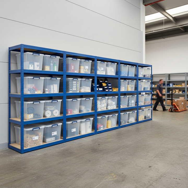 Premium 4x Shelving Units - 1800mm High - Blue with 12x 33.5L Storage Boxes - Side view