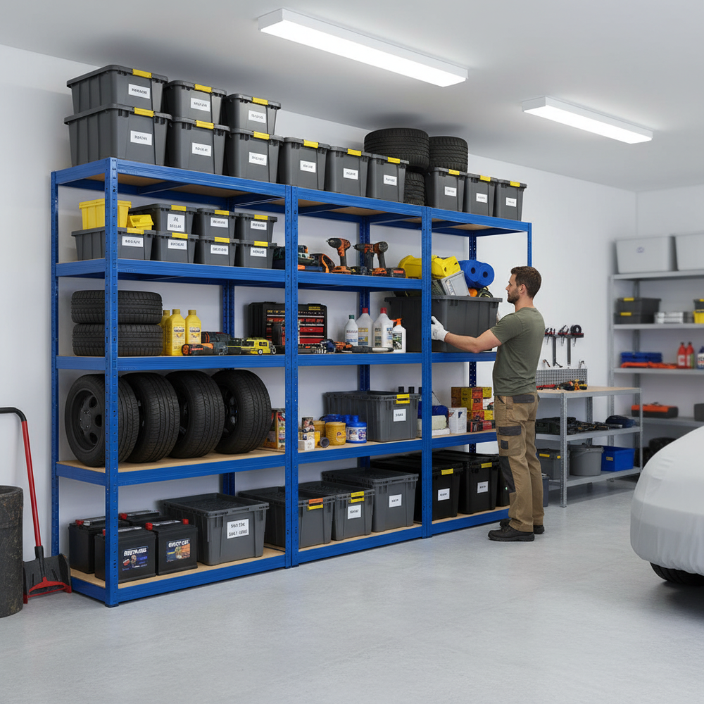 Premium Garage Shelving Units - 2130mm High - 200/280kg Capacity - Blue Finish - Side view