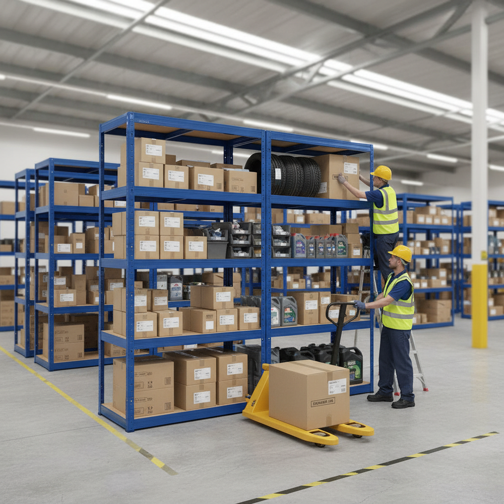 Premium Garage Shelving - 2130mm High - 200/280kg Load Capacity - Blue Finish - Side view