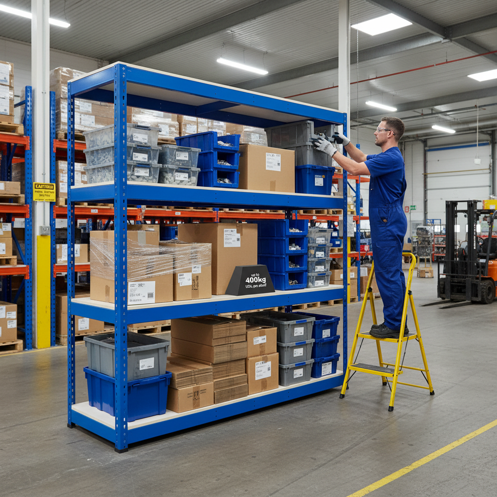 Premium Heavy Duty Industrial Shelving - 2440mm High - 400kg Load - Melamine - Blue - Side view