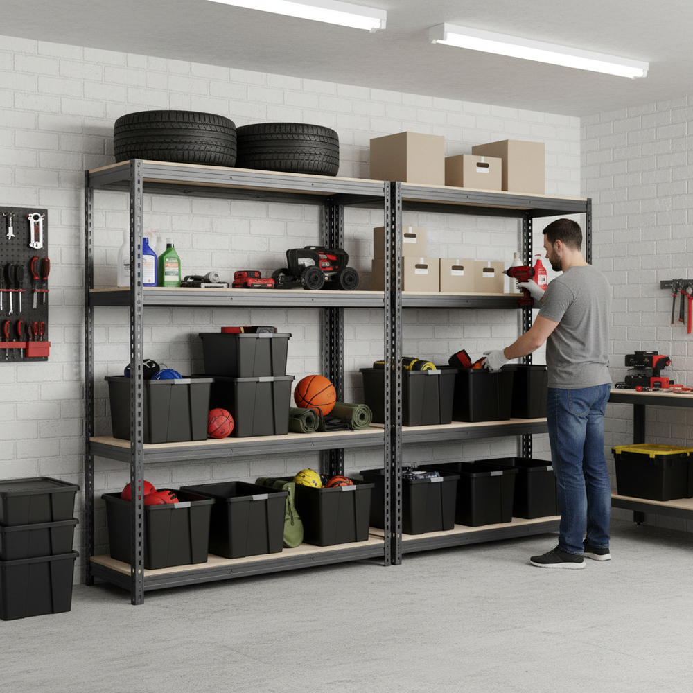 2x Heavy Duty Shelving Units - 2000mm High - Grey with 12x 37L Storage Boxes - Side view