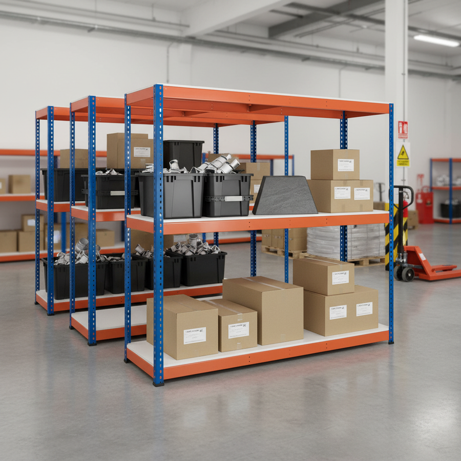 Heavy Duty Industrial Shelving - 1980mm High - 800kg Capacity - Melamine - Blue & Orange - Front view