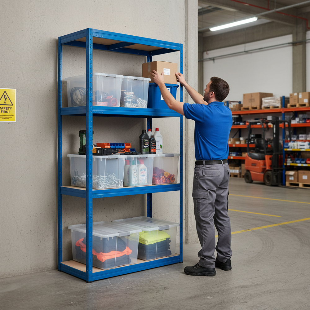 Heavy Duty Shelving Unit - 1600mm High with 8x 60L Plastic Storage Boxes - Side view