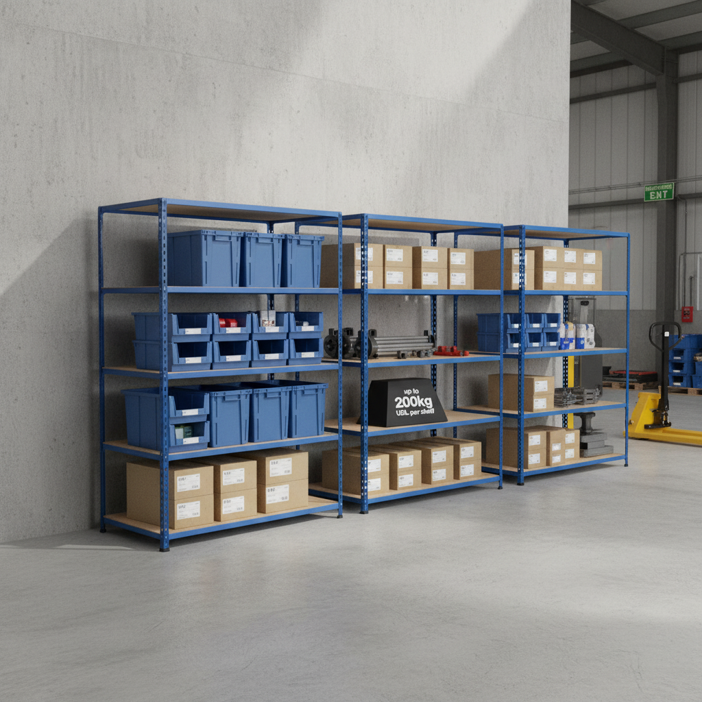 Premium 4x Industrial Shelving - 1830mm High - 200kg Capacity - Chipboard - Blue Finish - Front view