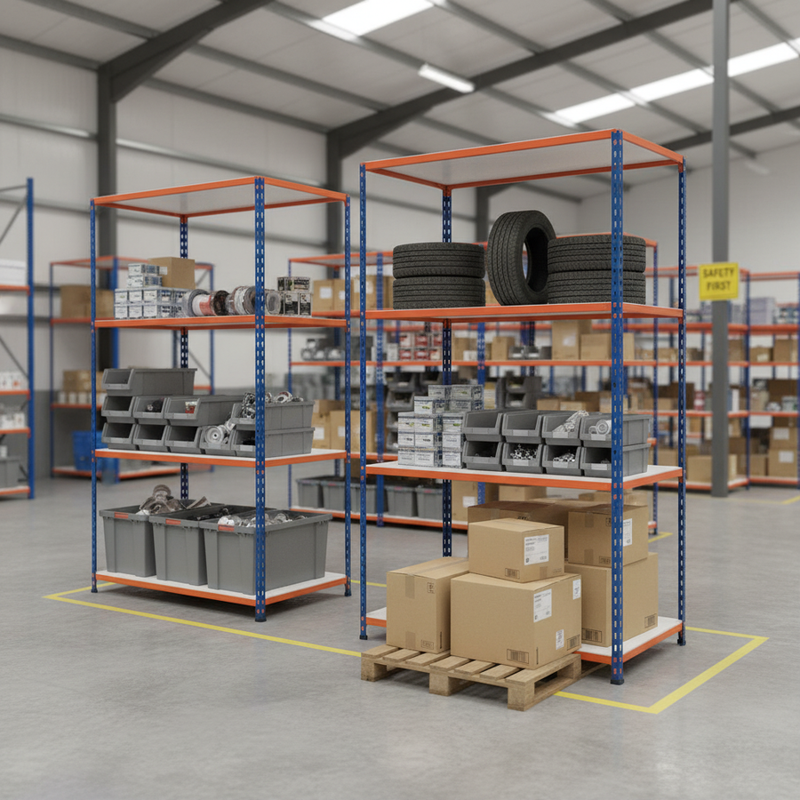Premium Industrial Shelving - 2440mm High - 340kg Capacity - Blue & Orange - Front view