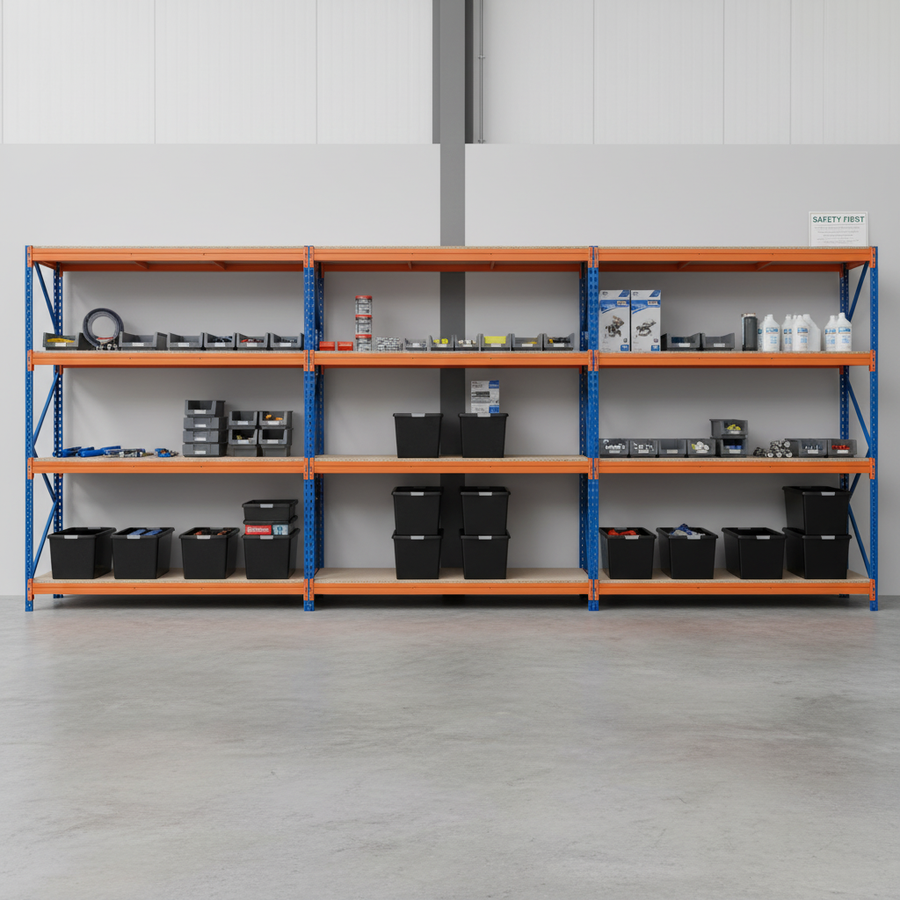 3x Heavy Duty Shelving - 2200mm High - Blue & Orange with 8x 37L Plastic Storage Boxes - Front view