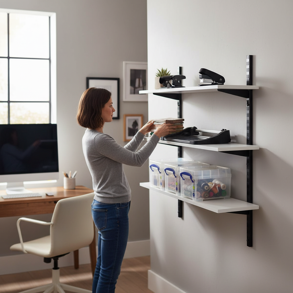 High-Performance Twin Slot Wall Mounted Shelving - 900mm Wide - Melamine - Side view