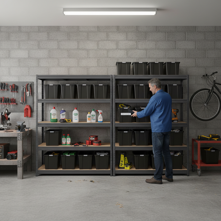 4x Premium Heavy Duty Shelving - 1770mm High - Grey with 12x 37L Storage Boxes - Side view