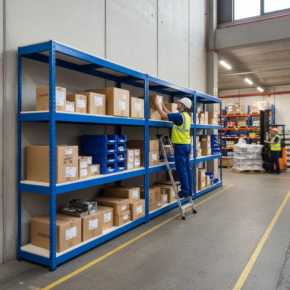 3x Heavy Duty Industrial Shelving - 1980mm High - 400kg Load Capacity - Melamine - Blue - Side view